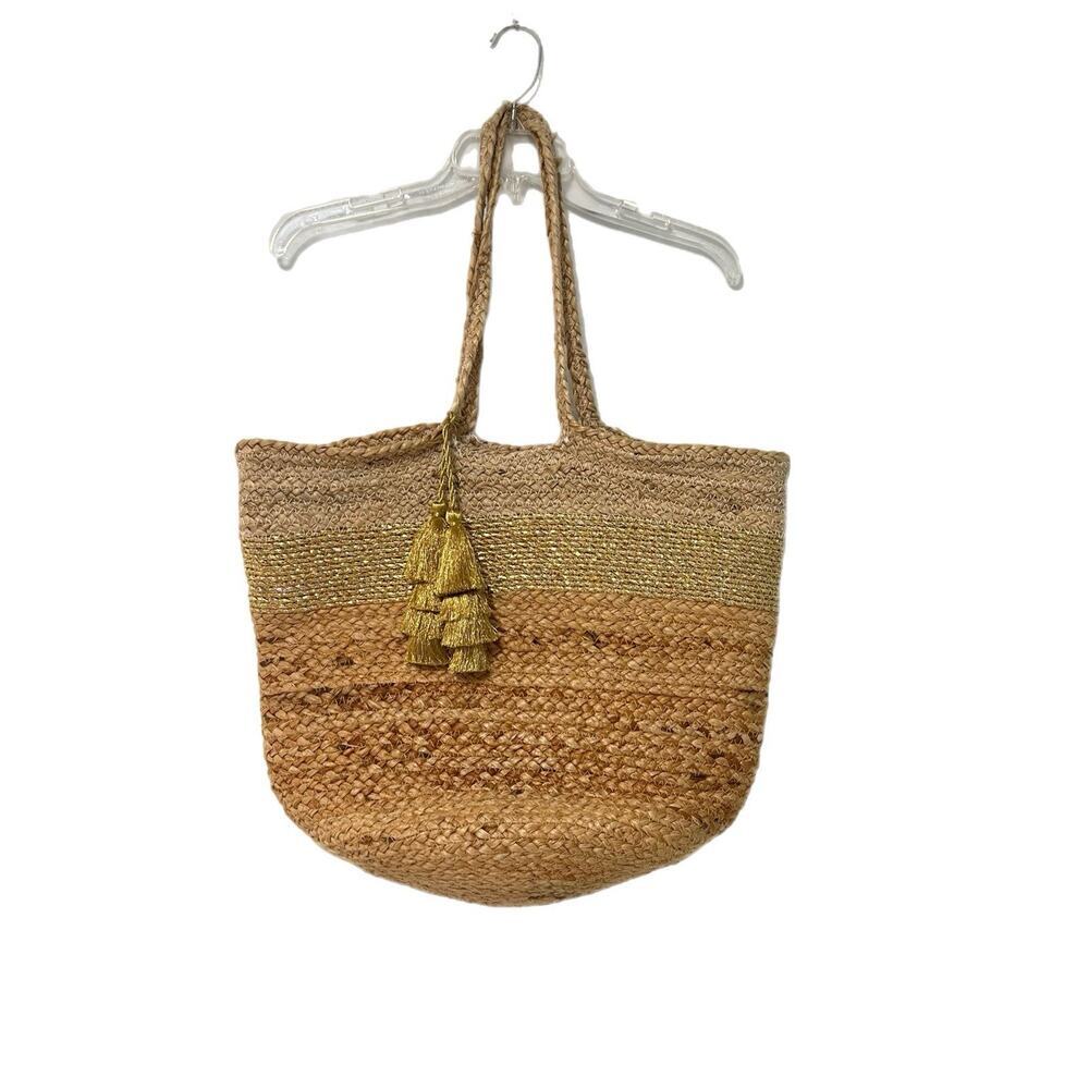 Soft Surroundings Boho Woven Jute Tote Bag Shopper Pom Pom Trim Beach/Resort NEW